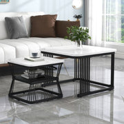 Set Of 2 Coffee Table With Black Metal Frame Legs And Marble Pattern