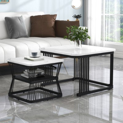 Set Of 2 Coffee Table With Black Metal Frame Legs And Marble Pattern