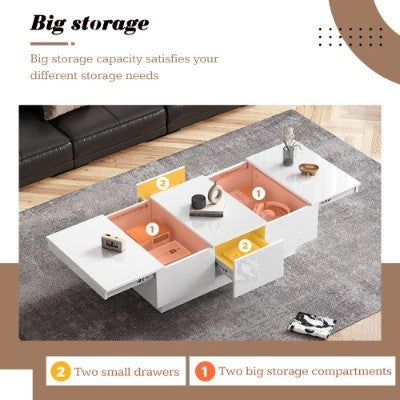 White High Gloss Coffee Tables With 2 Drawers And 2 Big Storage