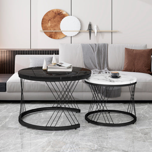 Round Modern Coffee Table Set Of 2 Marble Pattern