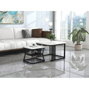 Set Of 2 Coffee Table With Black Metal Frame Legs And Marble Pattern
