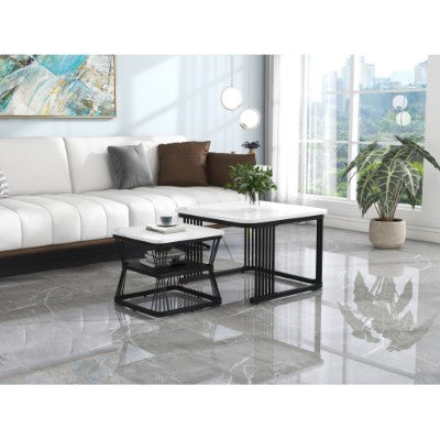 Set Of 2 Coffee Table With Black Metal Frame Legs And Marble Pattern