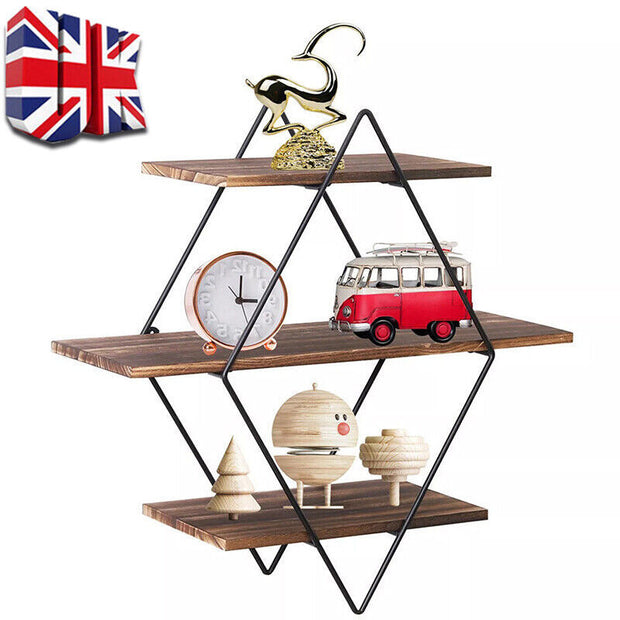 3 Tiered Floating Wall Mounted Display Shelf Wooden with Black Frame