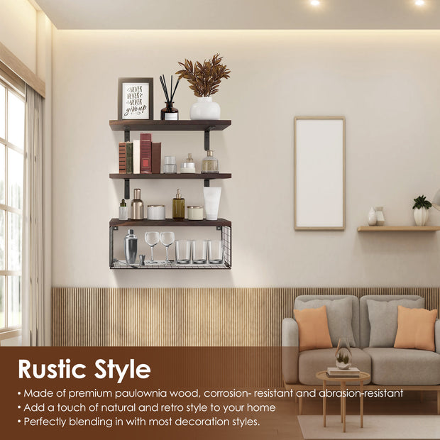2 In 1 Floating Shelves Wall Mounted With Storage Basket