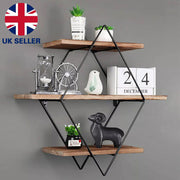 3 Tiered Floating Wall Mounted Display Shelf Wooden with Black Frame
