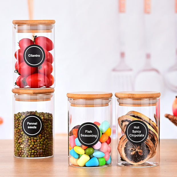 12 Pcs Round Spice Jars With Bamboo Lids And Stickers