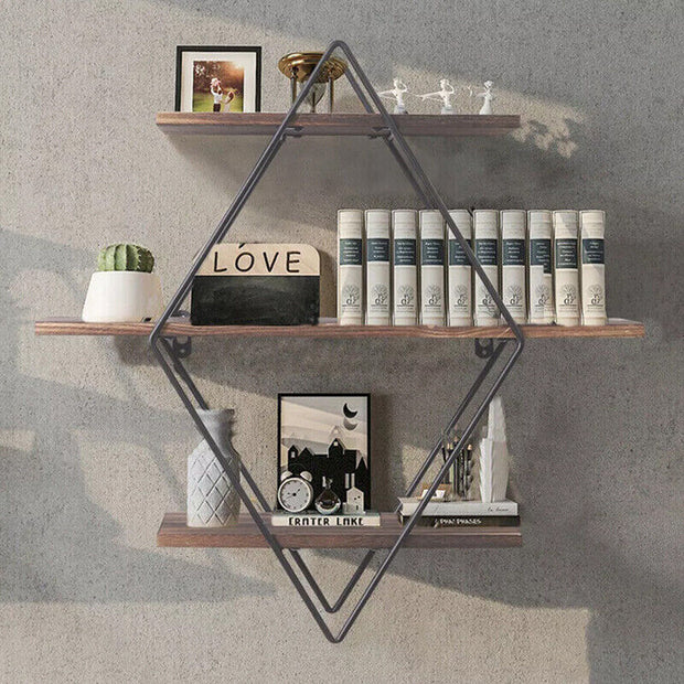 3 Tiered Floating Wall Mounted Display Shelf Wooden with Black Frame