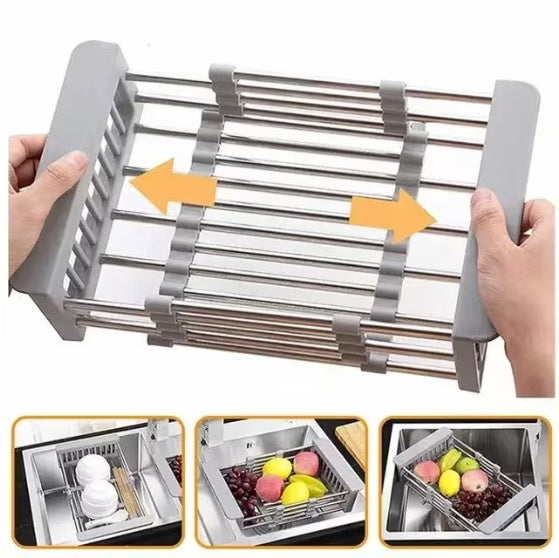 Adjustable Immersion Sink Dish Drying Rack With Stainless Steel Drain Basket