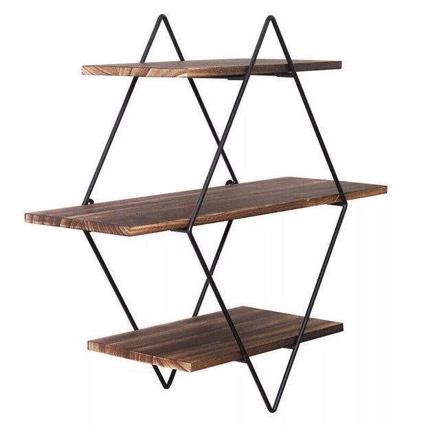 3 Tiered Floating Wall Mounted Display Shelf Wooden with Black Frame
