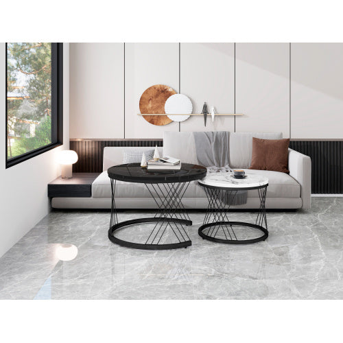 Round Modern Coffee Table Set Of 2 Marble Pattern