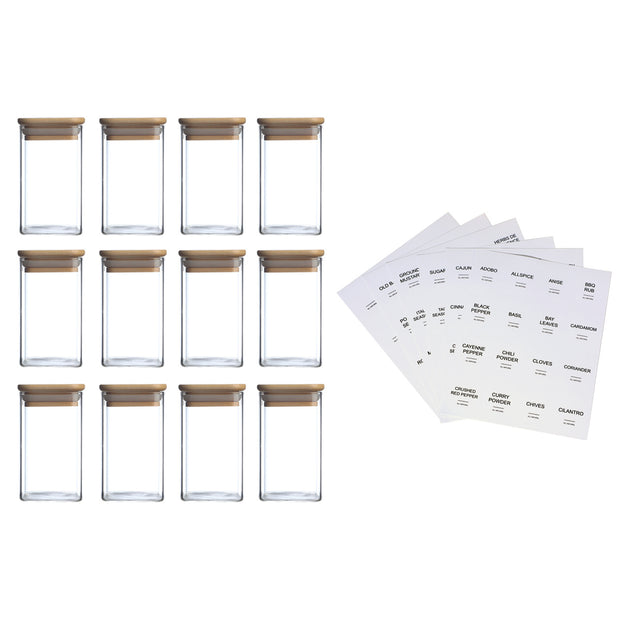 12 Pcs Square Spice Jars With 72 Stickers