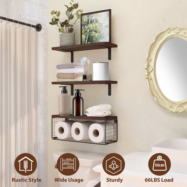 2 In 1 Floating Shelves Wall Mounted With Storage Basket