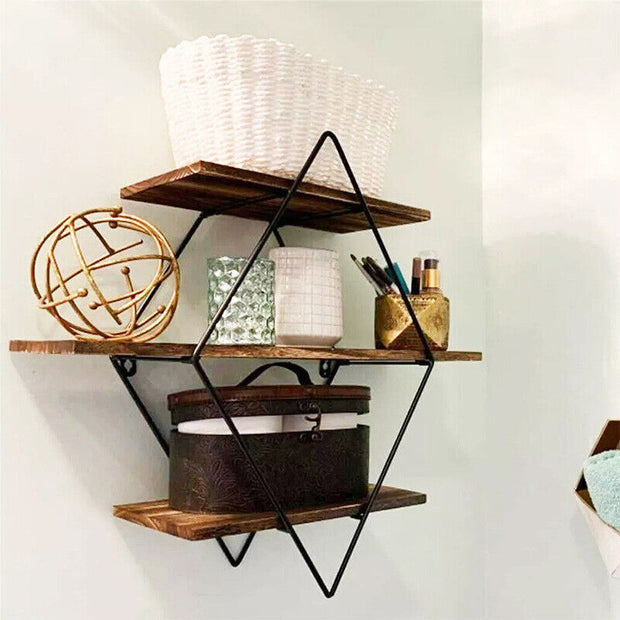 3 Tiered Floating Wall Mounted Display Shelf Wooden with Black Frame