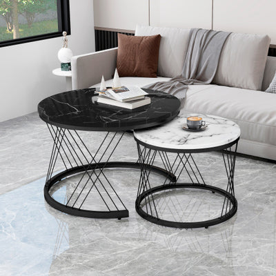 Round Modern Coffee Table Set Of 2 Marble Pattern