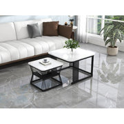 Set Of 2 Coffee Table With Black Metal Frame Legs And Marble Pattern