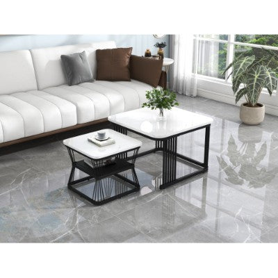 Set Of 2 Coffee Table With Black Metal Frame Legs And Marble Pattern