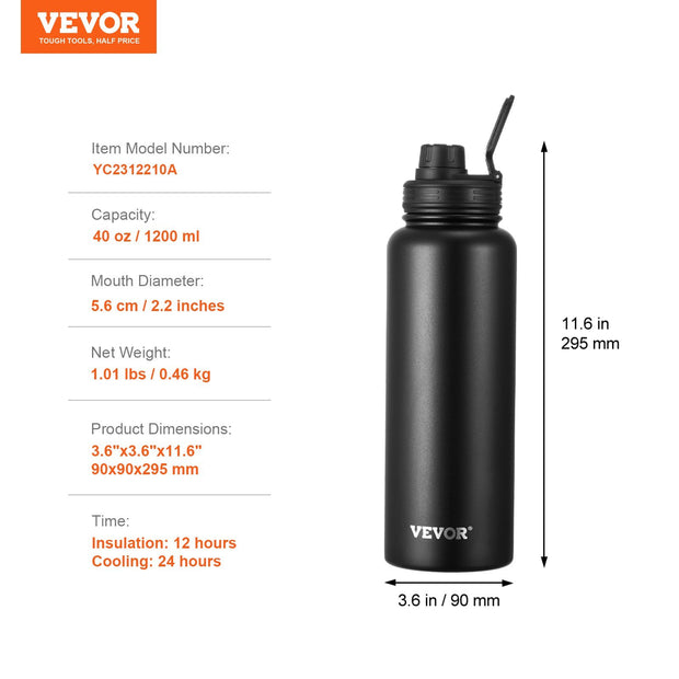 40 Oz Insulated Water Bottle Stainless Steel
