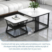 Set Of 2 Coffee Table With Black Metal Frame Legs And Marble Pattern