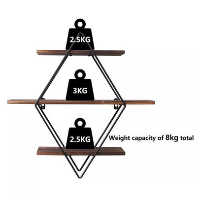 3 Tiered Floating Wall Mounted Display Shelf Wooden with Black Frame
