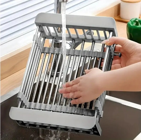 Adjustable Immersion Sink Dish Drying Rack With Stainless Steel Drain Basket