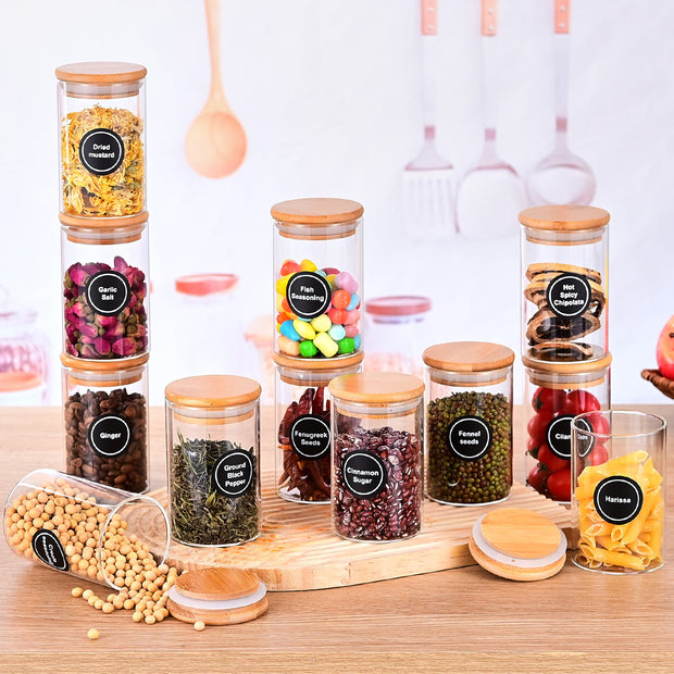 12 Pcs Round Spice Jars With Bamboo Lids And Stickers