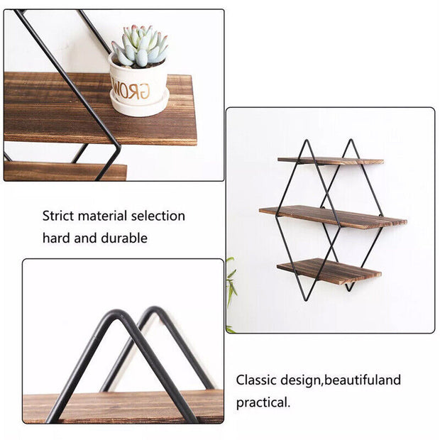 3 Tiered Floating Wall Mounted Display Shelf Wooden with Black Frame