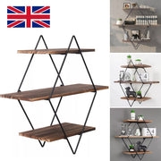 3 Tiered Floating Wall Mounted Display Shelf Wooden with Black Frame