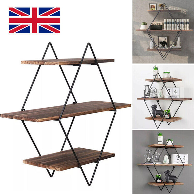 3 Tiered Floating Wall Mounted Display Shelf Wooden with Black Frame