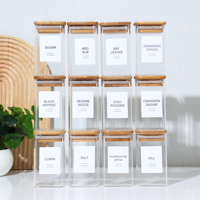 12 Pcs Square Spice Jars With 72 Stickers