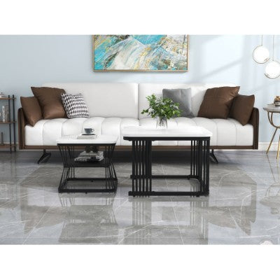 Set Of 2 Coffee Table With Black Metal Frame Legs And Marble Pattern