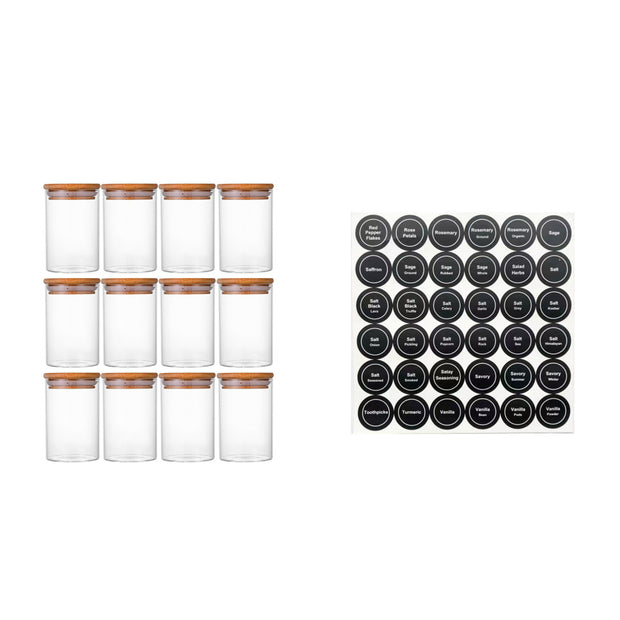12 Pcs Round Spice Jars With Bamboo Lids And Stickers
