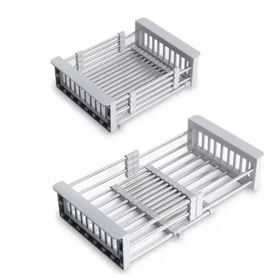 Adjustable Immersion Sink Dish Drying Rack With Stainless Steel Drain Basket